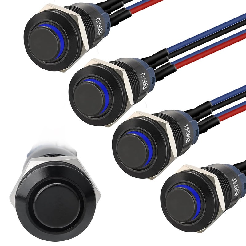 STARELO 5pcs 12mm Momentary led Push Button Switch Black Shell with pre-Wiring, IP65 Waterproof Push Button Switch,1NO 1 Normally,Self-resetting with LED(Blue). - Image 1